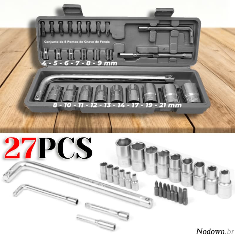 Kit Jogo De Ferramentas Soquetes 27 Peças Cromo Vanádio Completo Titanium