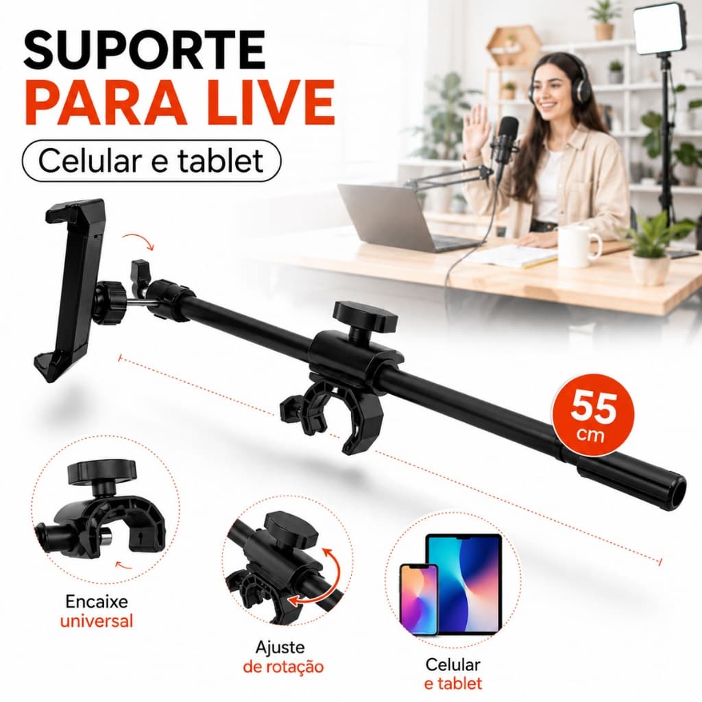 Barra Braço Horizontal Suporte Para Celular Iphone Tripé Pedestal Ring Light Microfone