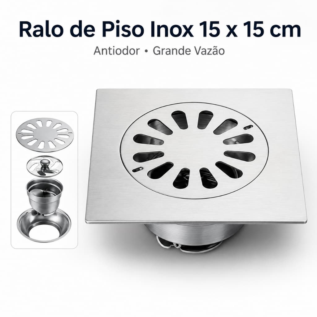 Ralo Banheiro Inteligente Anti Odor 15X15 cm Inox Anti Inseto quadrado