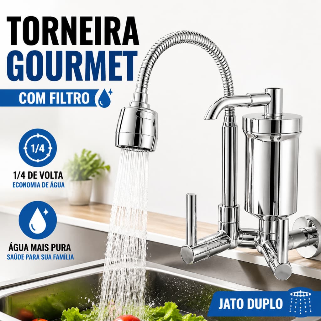 Torneira Gourmet Filtro de Parede Cozinha Flexível Jato Duplo Cromada Luxo 1/4 de volta