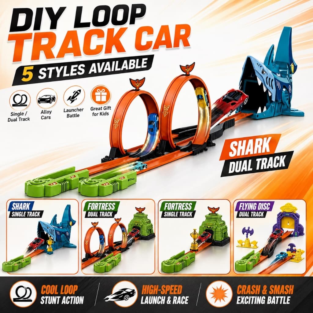 DIY Dublê Pista Carro Conjunto Lançador 360 Loop De Corrida Liga Carros Tubarão Fortaleza Crianças Aniversário
