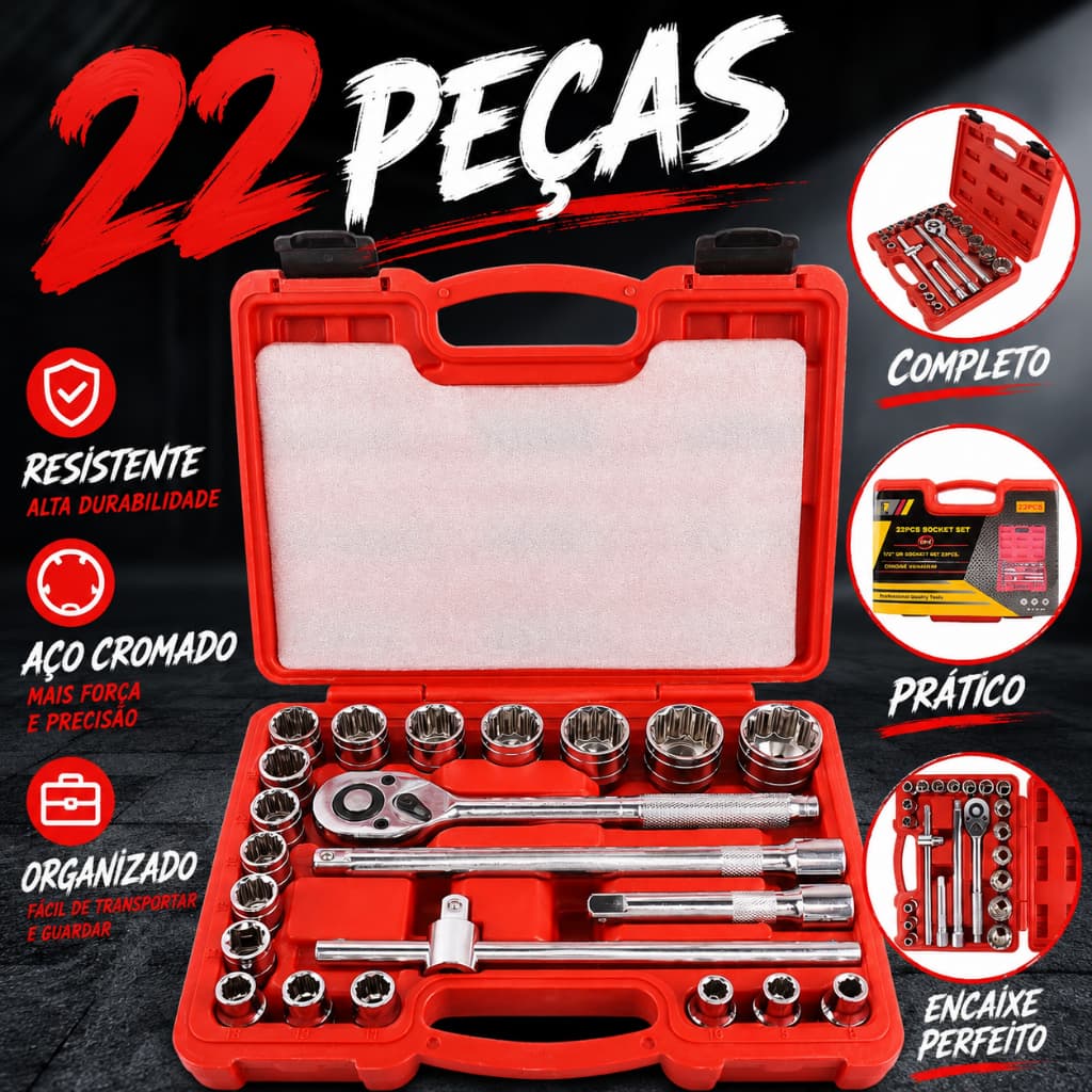 Kit Jogo Ferramentas Soquetes Estriados 22 Pçs Com Chave Catraca Reversível  Cr-V Profissional