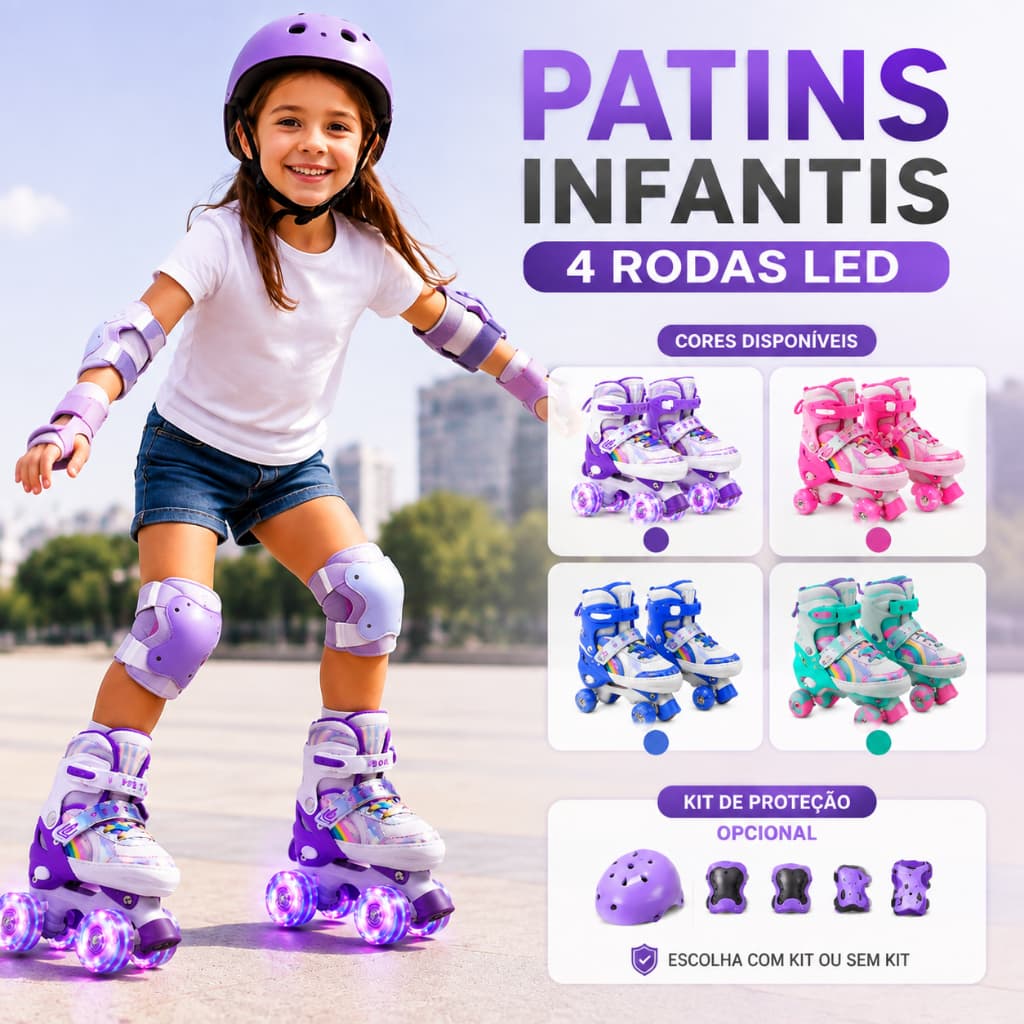 Patins Infantil 4 Rodas LED Silicone Ajustável Menina Menino com ou sem Kit Proteção