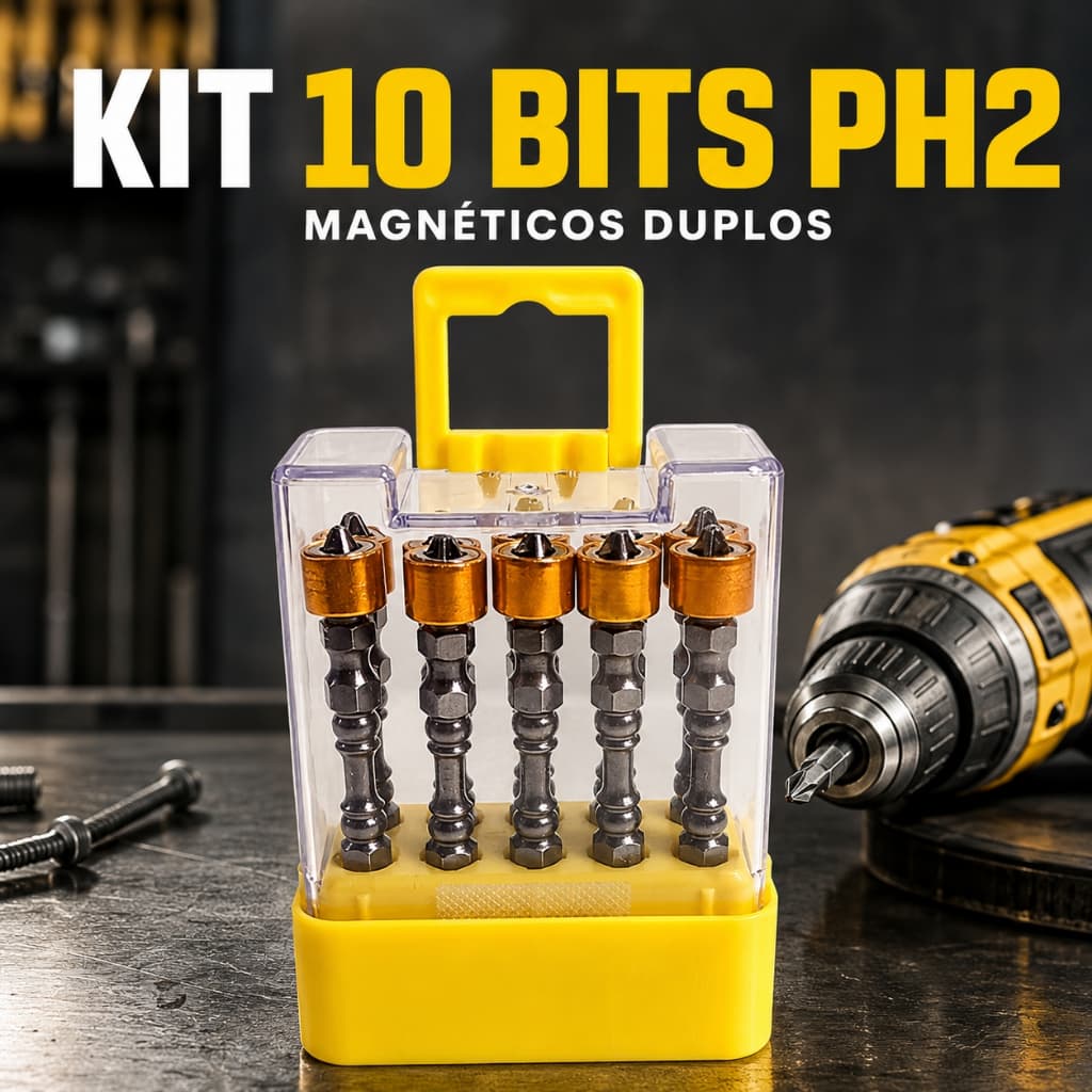 Kit com 10 Bits Magnéticos Duplos Philips PH2 Com Limitador de Torque Para Parafusadeira e Precisão