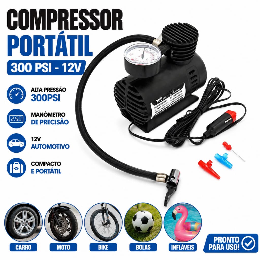 Mini Compressor De Ar Elétrico Portátil Com Manômetro 300PSI 12V Para Pneu Carro Moto Bike Bola