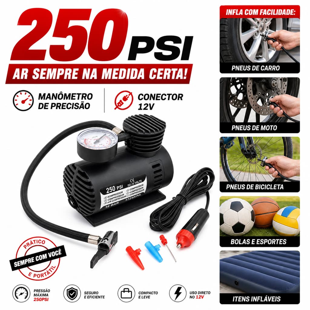 Mini Compressor De Ar Elétrico Portátil Com Manômetro 250PSI 12V Para Pneu Carro Moto Bike Bola