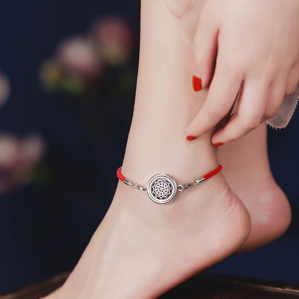 Nova Aromaterapia Jóias Perfume Difusor De Óleo Essencial Pulseira Pé Corrente Preto Vermelho Corda Trançada Medalhão Fe