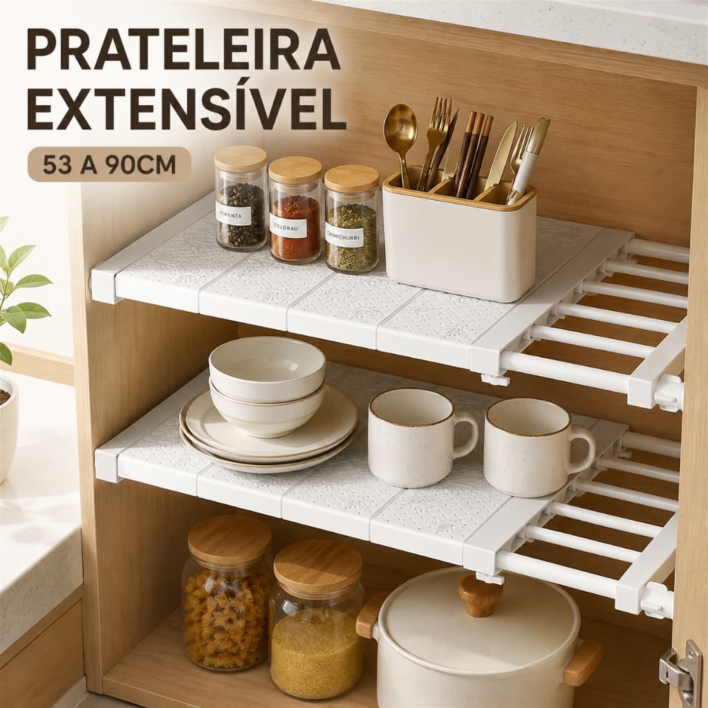 Organizador Prateleira Inteligente Retrátil portátil 53 a 90 cm Aço inoxidável Branca Extensível Largura 30cm