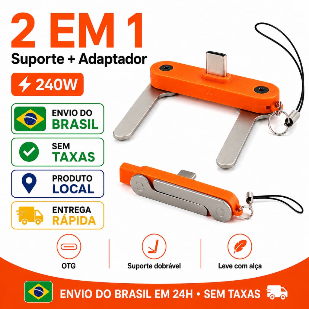 Pronta Entrega no Brasil Adaptador USB-C 240W PD 2 em 1 com Suporte Dobrável Tipo C Macho e Fêmea Transferência de Dados