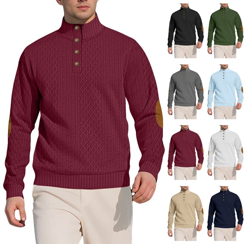 Moletom Listrado Bloco Masculino Casual Botão Quarto Manga Comprida Gola Pulôver Suéter