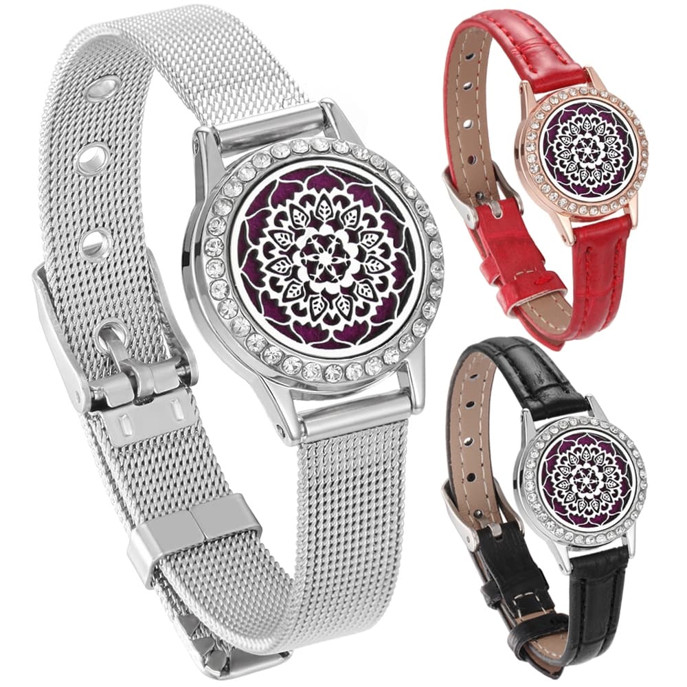 Atacado Pulseira De Aromaterapia Strass Zircão Medalhão Aberto Perfume Difusor De Óleo Essencial Pulseiras De Couro Para