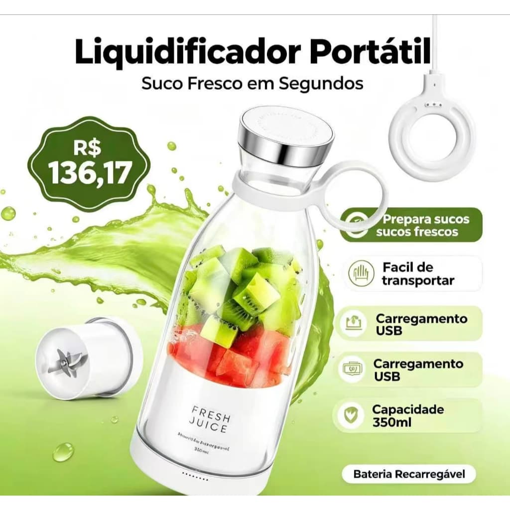 Liquidificador Portátil de 11,8 Oz, Liquidificador de Sucos Frescos para Shakes e Smoothies - Branco |   Para shakes e s