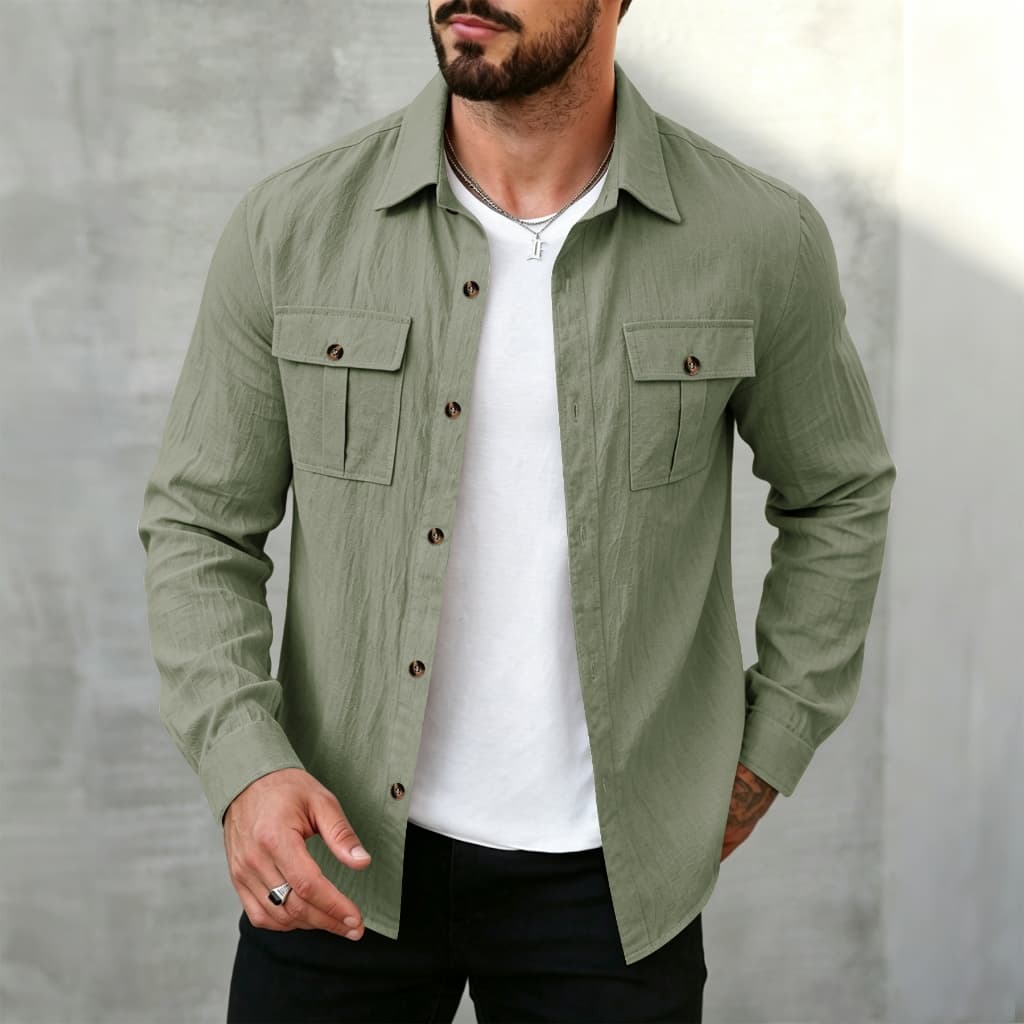 Camisa masculina de linho de manga comprida, Design de lapela, bolso duplo no peito, fechamento de abertura frontal com