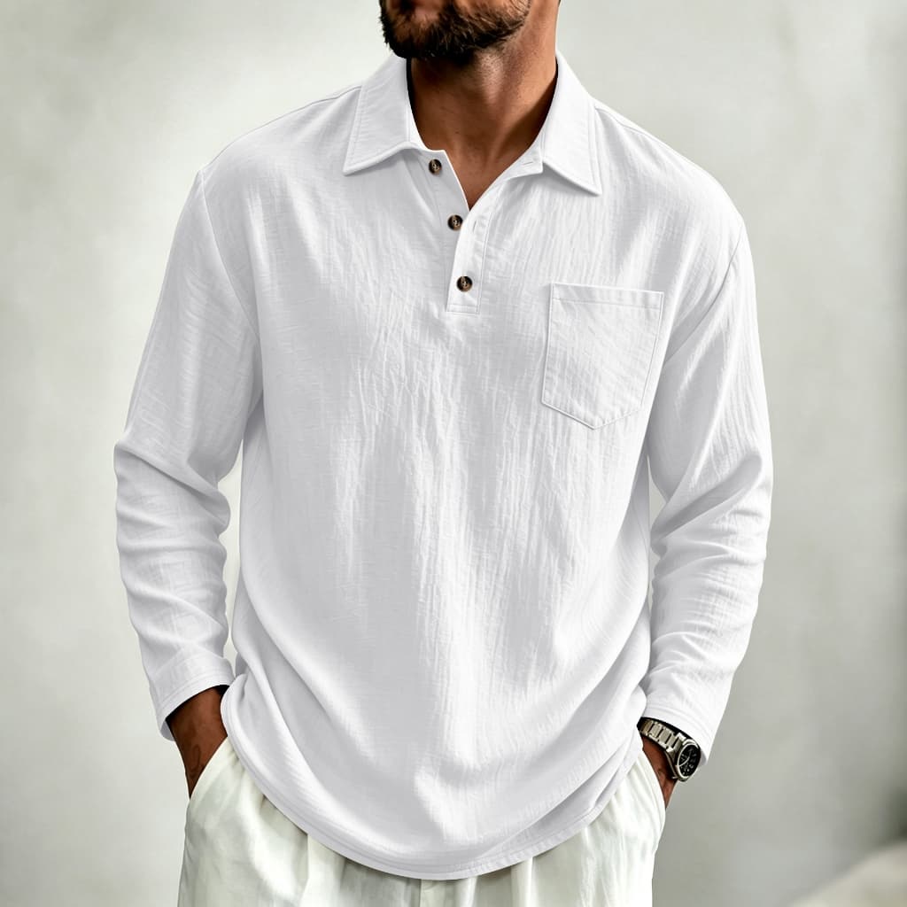 Camisa Polo masculina de linho com textura plissada de manga comprida, lapela clássica + carcela Design de botão de grão