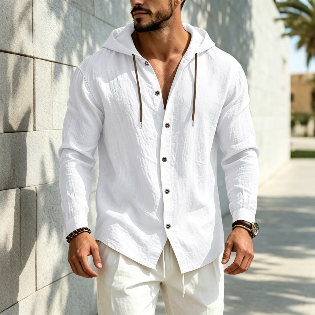 Camisa masculina de linho com capuz de manga comprida e chapéu com cordão ajustável, abertura e fechamento frontal, teci