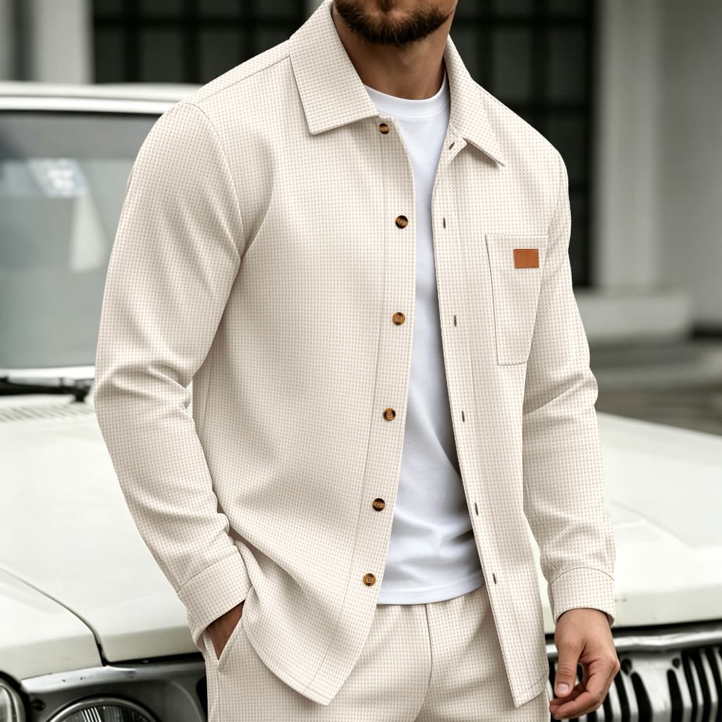 Jaqueta masculina Waffle, lapela clássica + fecho de abertura de grão de madeira frontal, bolso com remendo no peito esq