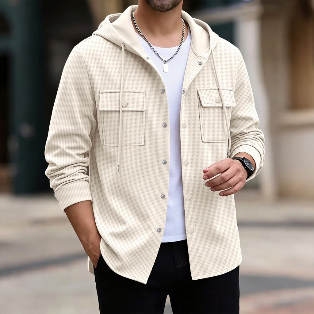 Jaqueta masculina Waffle com cordão ajustável com capuz, bolsos no peito frente e verso com botões de pressão, fechament