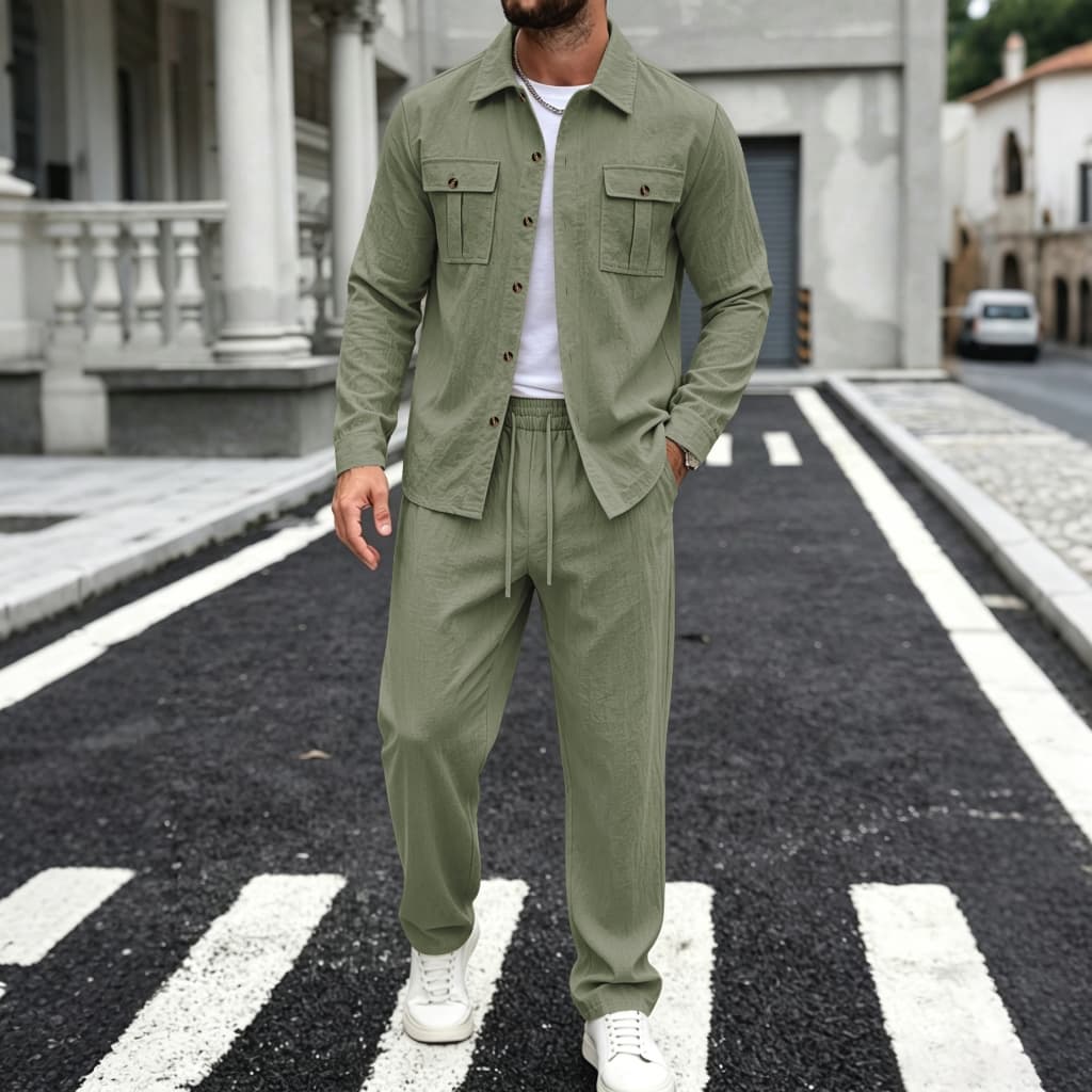 Terno masculino Casual de duas peças de linho, camisa de lapela de manga comprida Com botão de pressão dupla face, bolso