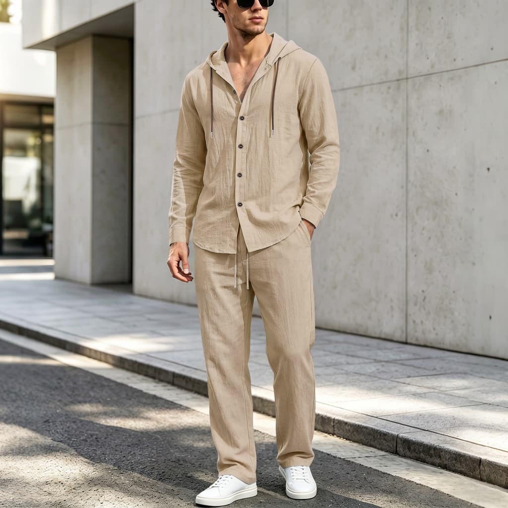 Terno masculino Casual de duas peças de linho, camisa de manga comprida com cordão e abertura e fechamento frontal aboto