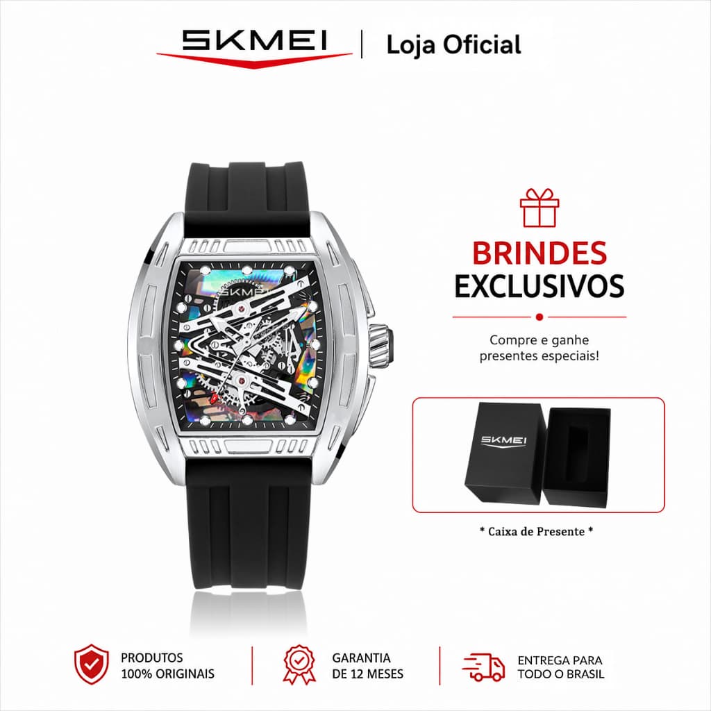 SKMEI 7068 Relógio Masculino Analógico de Quartzo Esportivo Mostrador Esqueleto Formato Tonneau Pulseira de Silicone