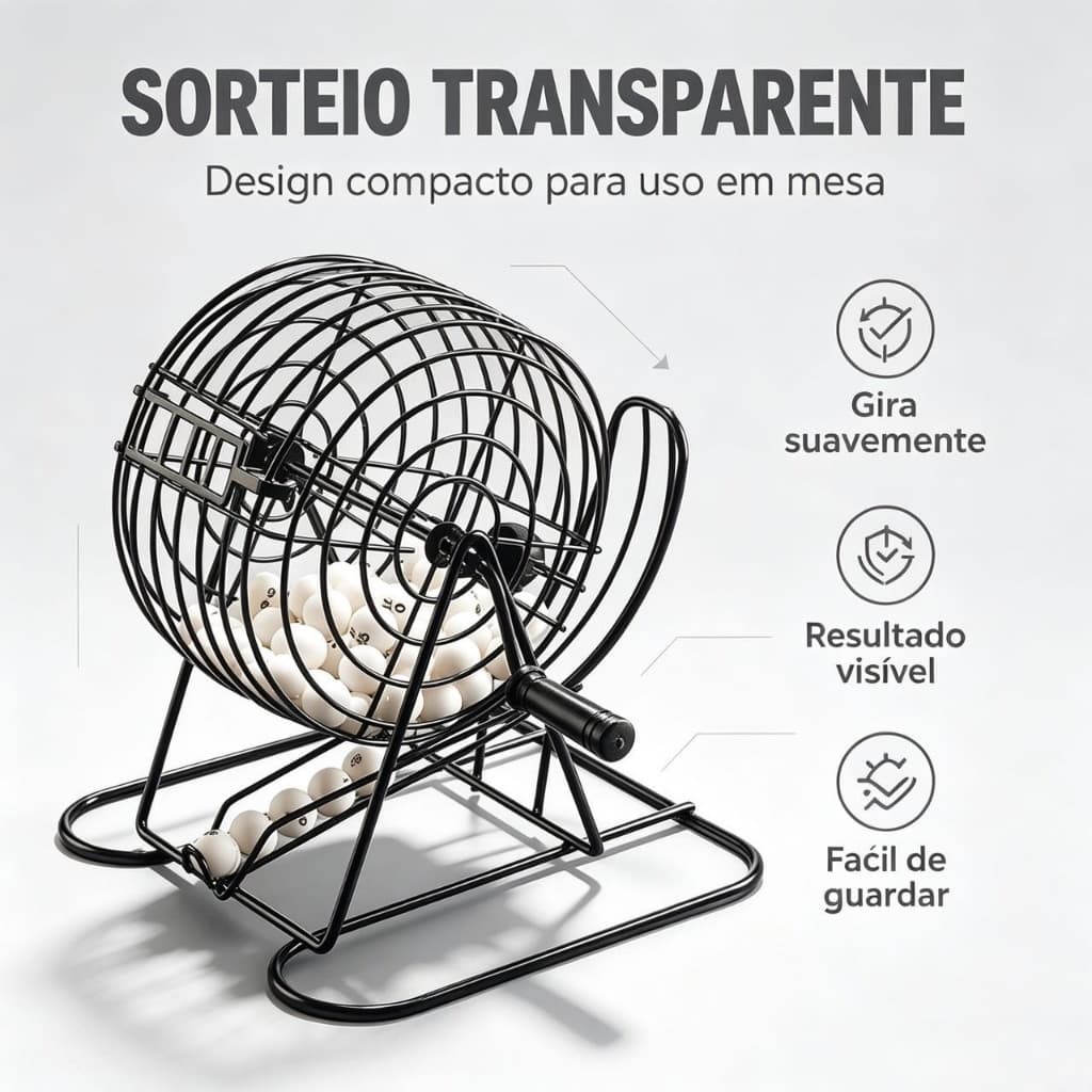 Máquina de Sorteio Manual Gaiola Metálica com Bolinhas Coloridas para Festa Bingo e Premiações