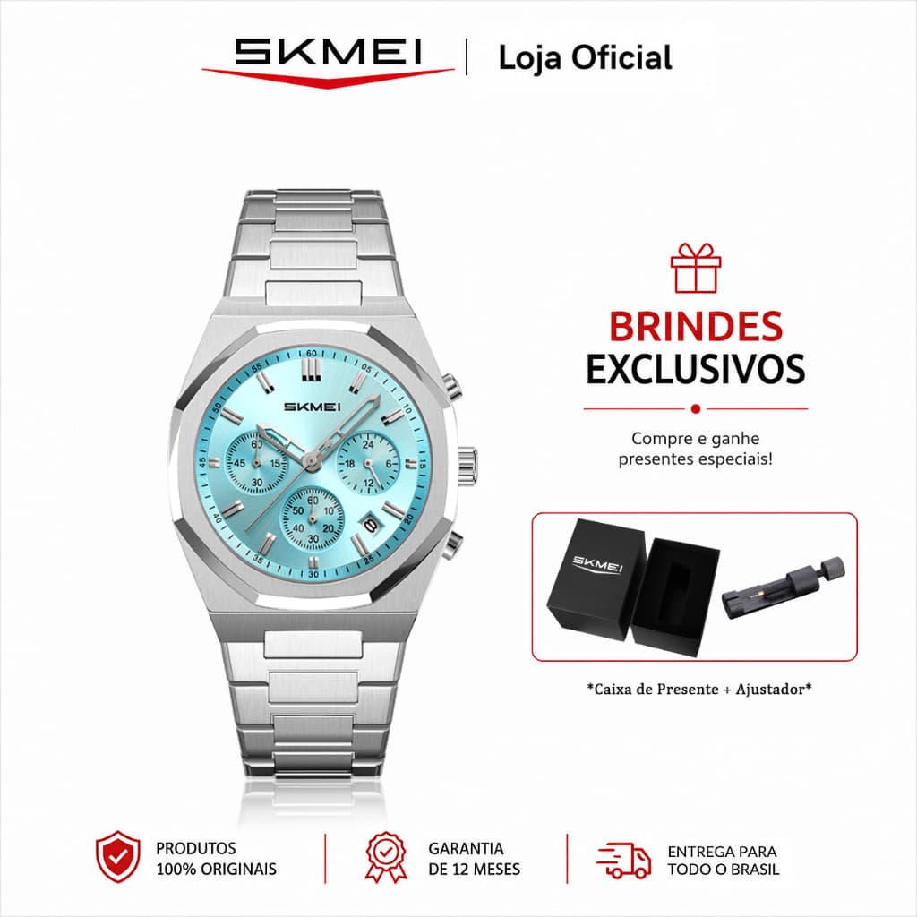 SKMEI Relógio Masculino Analógico de Quartzo Cronógrafo Pulseira de Aço Inoxidável Esportivo Casual