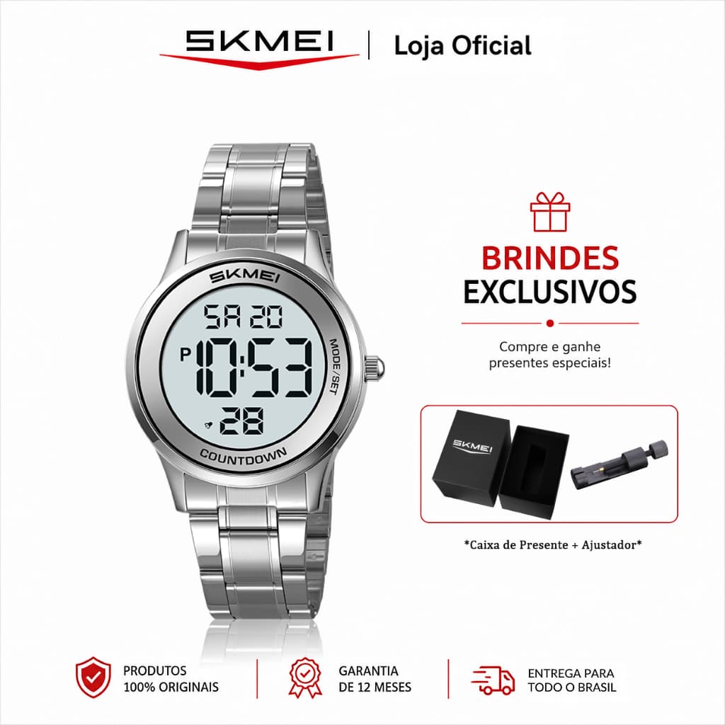 SKMEI 2425 Relógio Unissex Digital Pulseira de aço inoxidável Resistente à água 3ATM com Cronômetro e Alarme