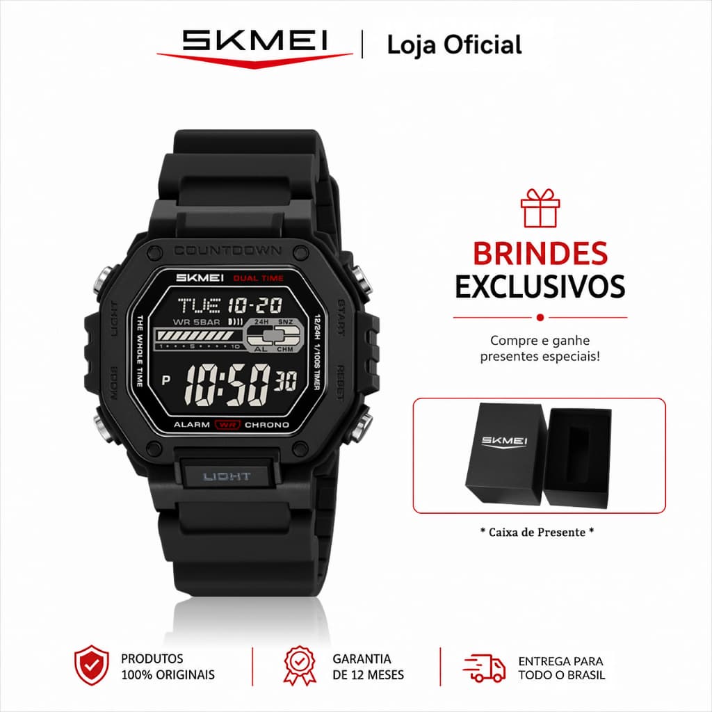 SKMEI 2523 Relógio Masculino Digital Pulseira de silicone Resistente à água 5ATM com Cronômetro e Alarme