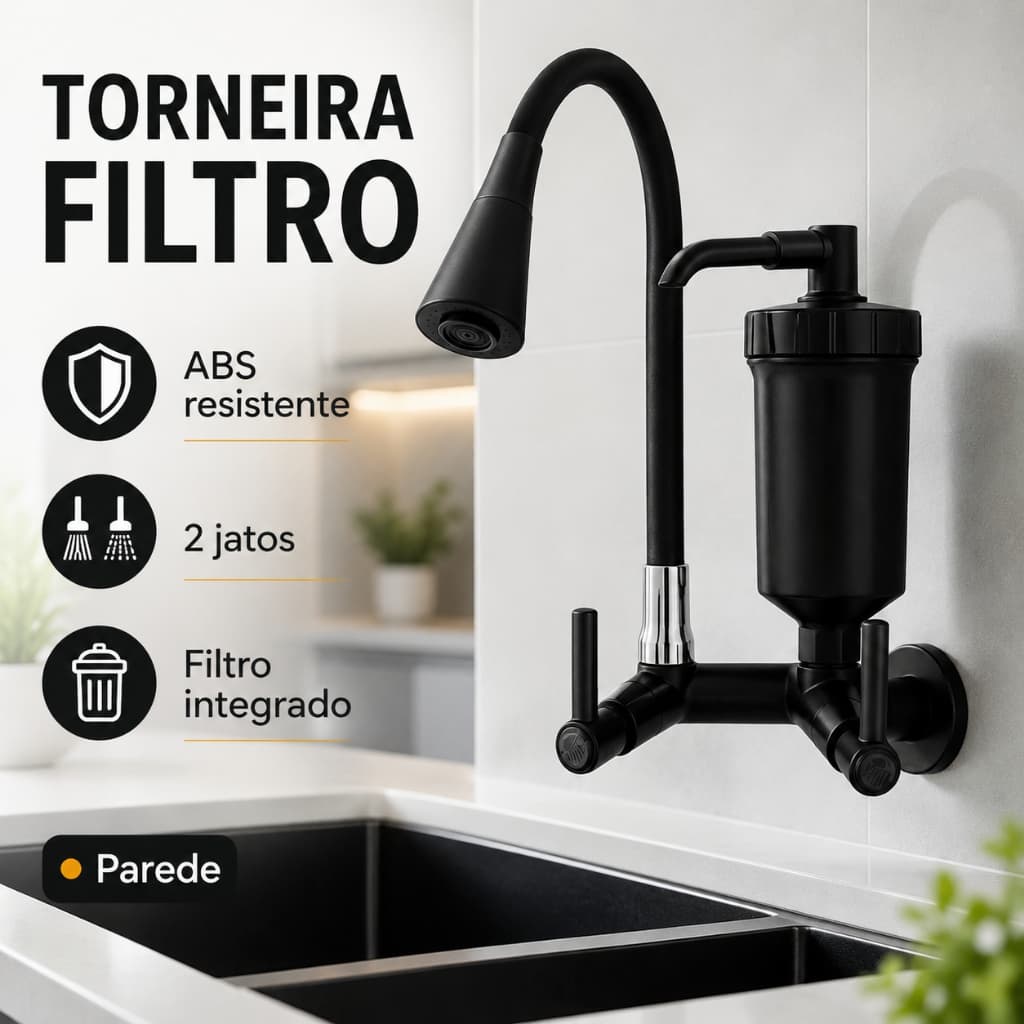 Torneira Gourmet Filtro Preto Fosco Cano Flexível 360° Arejador Duplo Jato Cozinha Pia