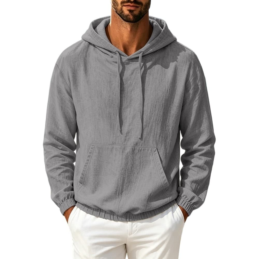 Pulôver Masculino De Linho De Algodão Manga Comprida Com Capuz Camisa Solta Cordão E Bolso Canguru