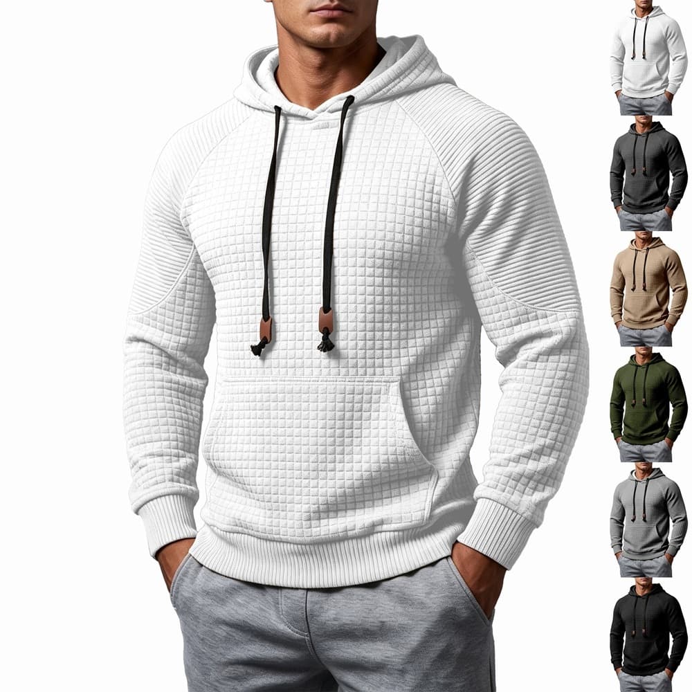 Moletom Masculino De Malha Waffle , Pulôver Casual De Manga Comprida Com Capuz E Bolso Canguru