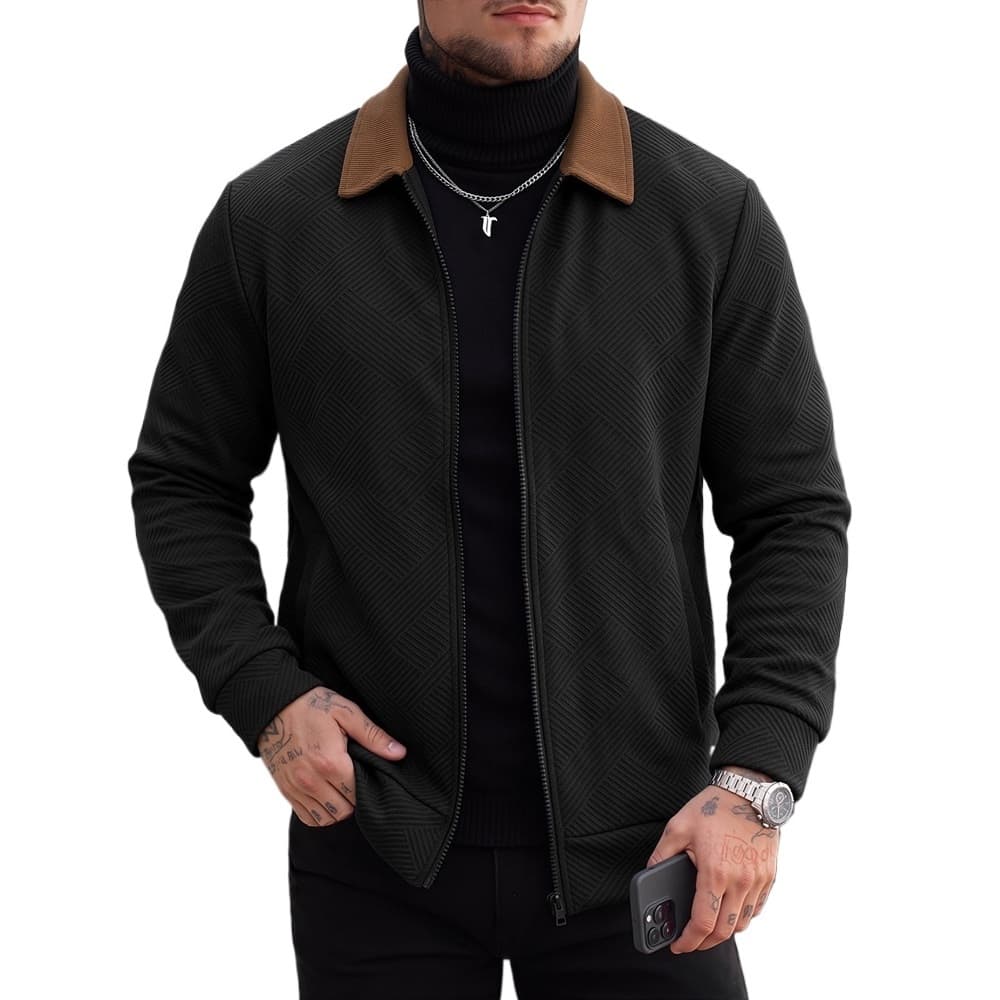 Jaqueta Masculina De Malha Waffle Com Zíper , Bomber Leve Casual Contrastante Clássica De Cor Sólida