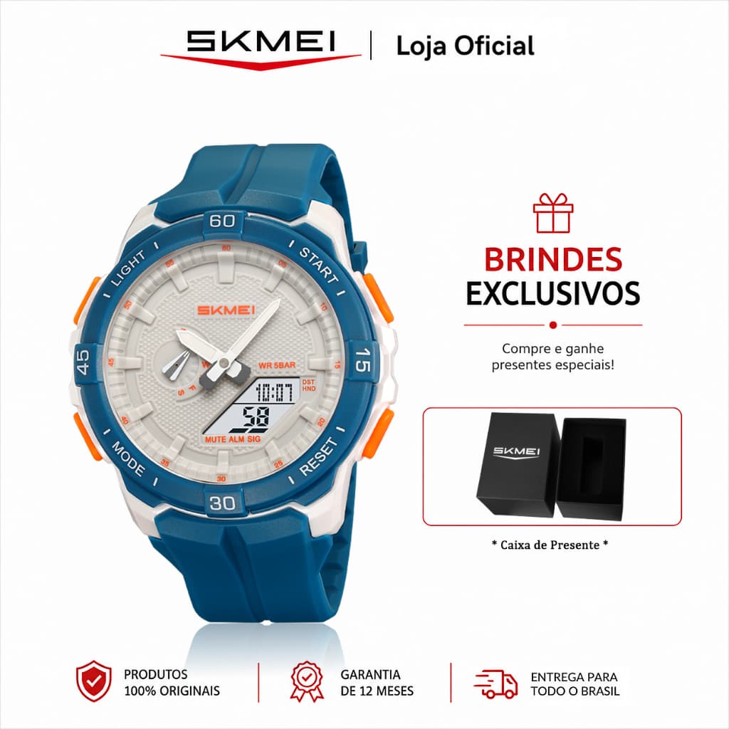 SKMEI Relógio Masculino Analógico Digital Esportivo com Cronômetro Alarme e Luz LED para o Dia a Dia