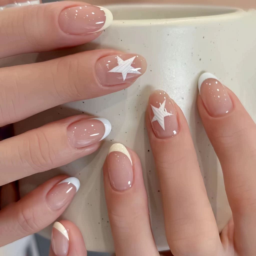 24 Peças De Arte Em Unhas De Pentagrama , Usando , Quadradas Curtas Amêndoa , Placa De Com Listras De Bolinhas