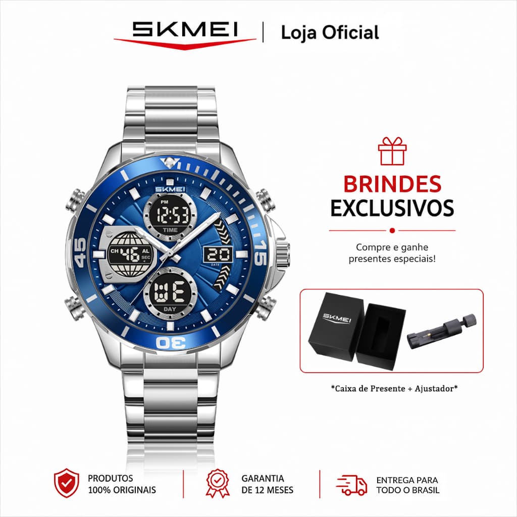 SKMEI Relógio Masculino Analógico Digital Esportivo Grande com Cronômetro Alarme e Dois Fusos Horários