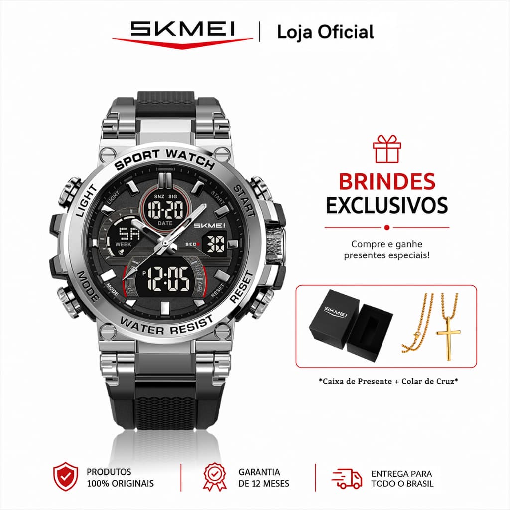 ✨✨✨SKMEI 2500 Relógio Masculino Analógico Digital Esportivo Grande Dupla Tela Luz LED 5ATM Três Fusos Multifunção