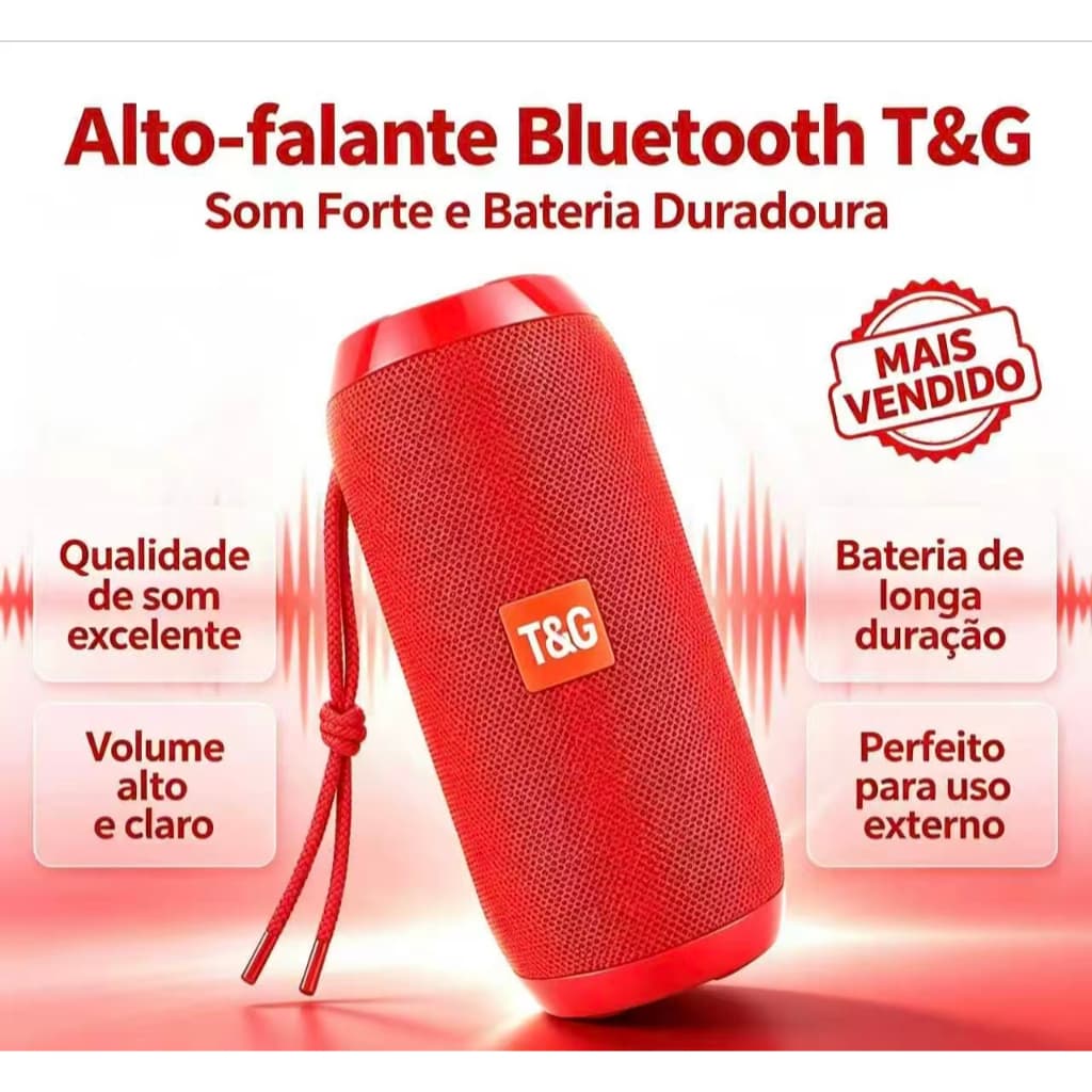 Caixa de Som Bluetooth Portátil T&G TG, Caixa de Som Sem Fio à Prova d'Água IPX4, Vermelha EMNO