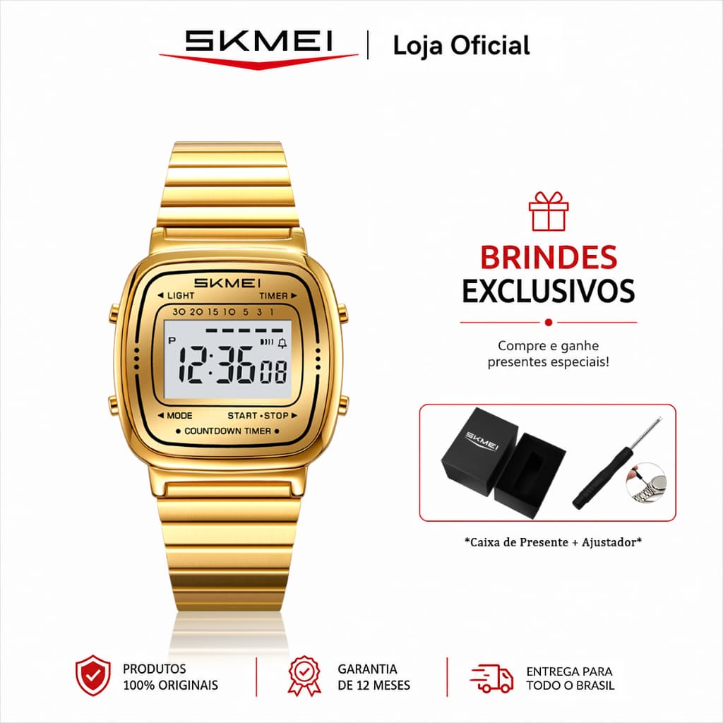 SKMEI Relógio Masculino Digital Esportivo com Pulseira de Aço Cronômetro Alarme e Luz de Fundo