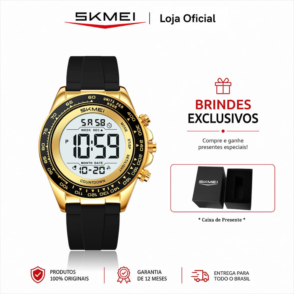 SKMEI Relógio Masculino Digital Esportivo com Cronômetro Alarme e Luz de Fundo Resistente