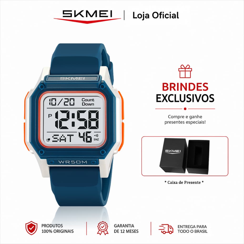 SKMEI Relógio Masculino Digital Pulseira de silicone Resistente à água 5ATM com Cronômetro e Alarme