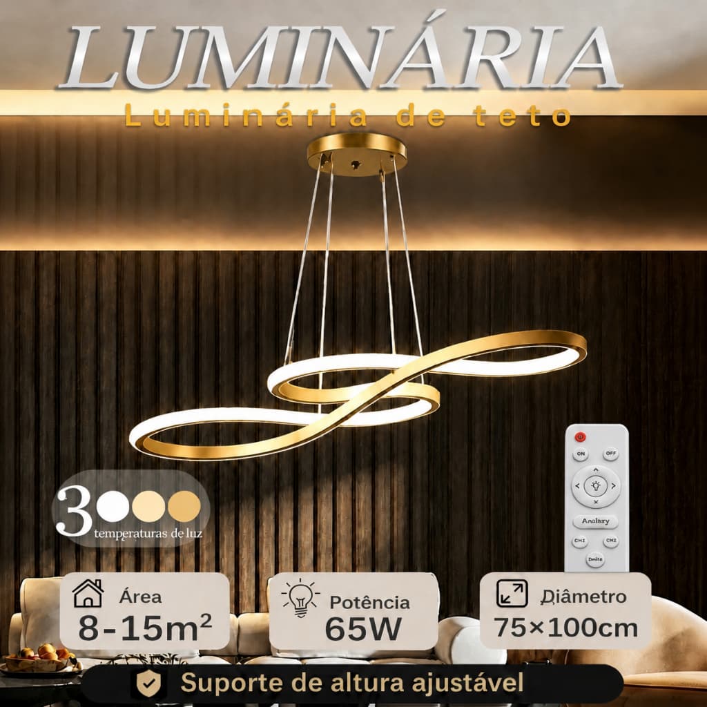 Lustre Pendente LED Moderno 65W 75cm 3 Cores Bivolt Controle Remoto Altura Regulável para Teto
