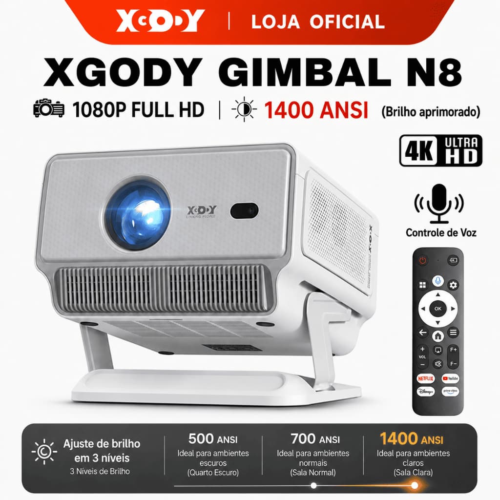 Projetor XGODY Gimbal N8 1400 ANSI Portátil, Correção Automática Keystone 360°, Sistema Android 13 Atualizado