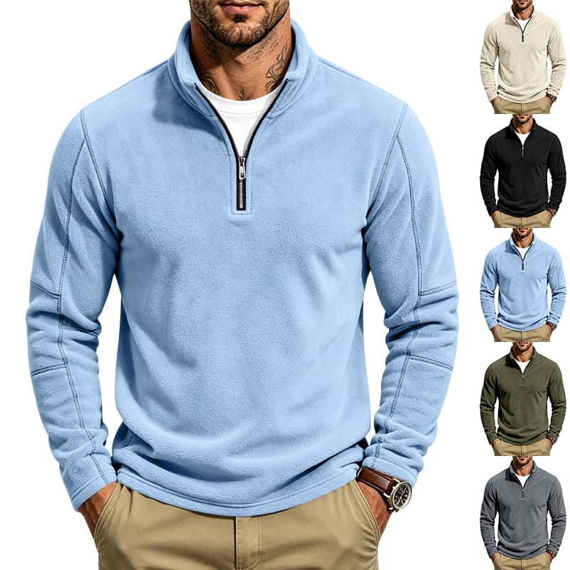 Pulôver Masculino De Lã Com Zíper De Quarto , Moletom Casual Polar De Manga Comprida Gola Alta