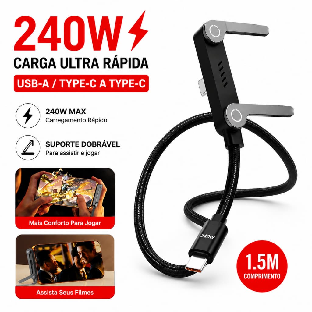 Cabo 240W Carregamento Rápido 1,5m com Suporte Celular USB-A para Type-C / Type-C 150cm