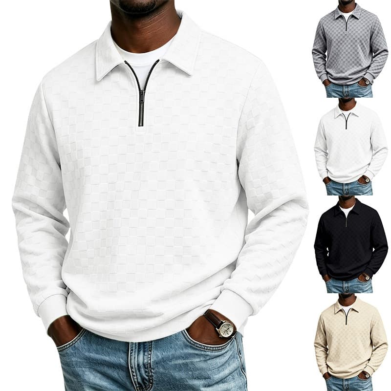 Moletom Polo Masculino Xadrez Jacquard Meio Zíper , Pulôver Casual Solto De Manga Comprida Com Gola