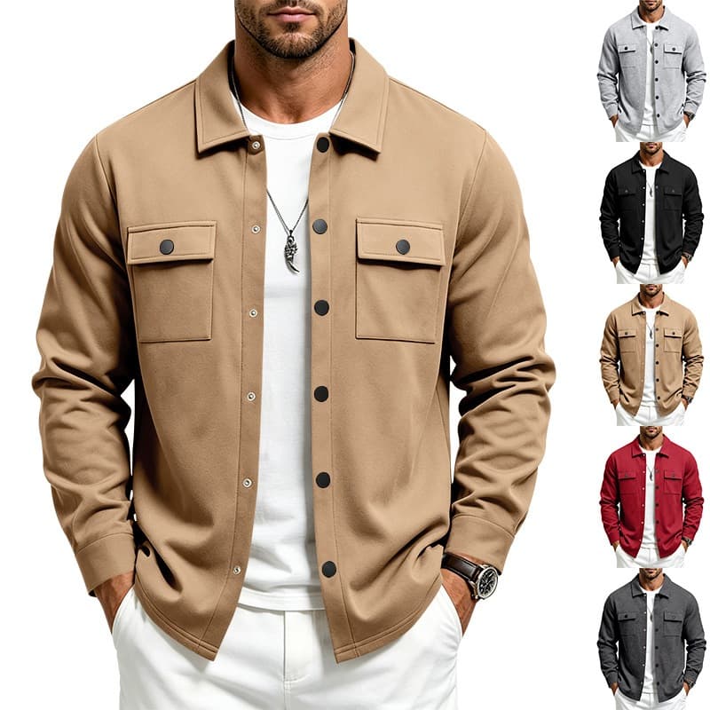 Shacket Masculino De Manga Comprida Com Gola De Lapela Oversized , Agasalhos Soltos Vários Bolsos