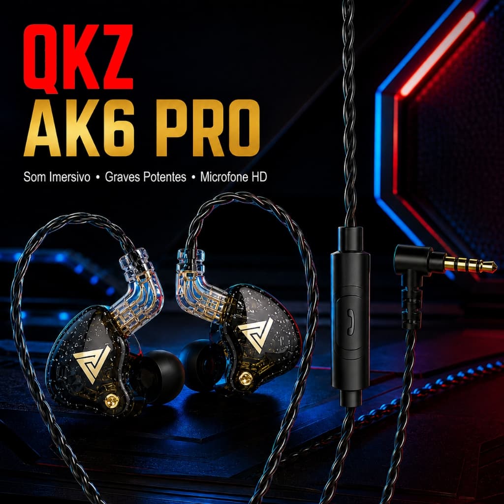 Fone de Ouvido QKZ AK6 Pro Conector de 3,5mm Som Hi-Fi para Jogos e Monitoramento de Palco