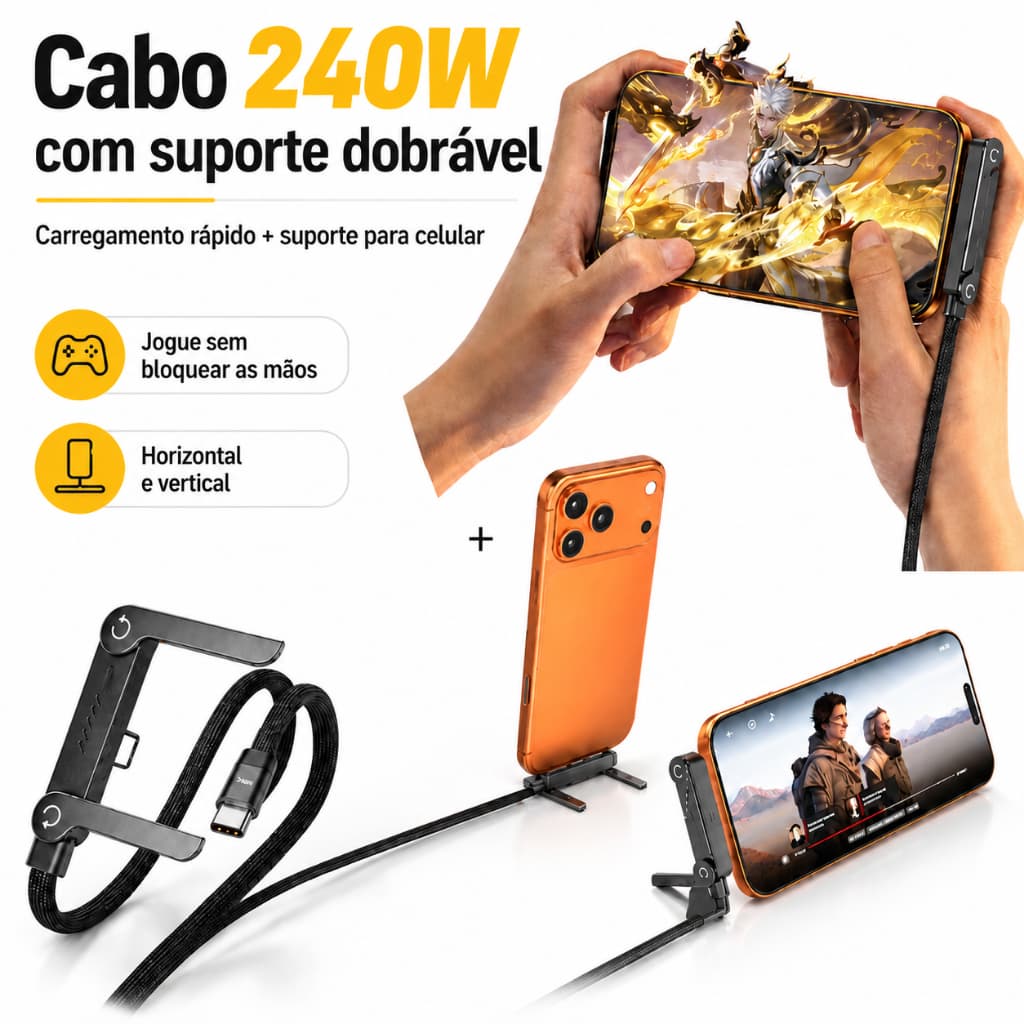 Cabo 240W Carregamento Rápido 1,5m com Suporte Celular USB-A para Type-C / Type-C