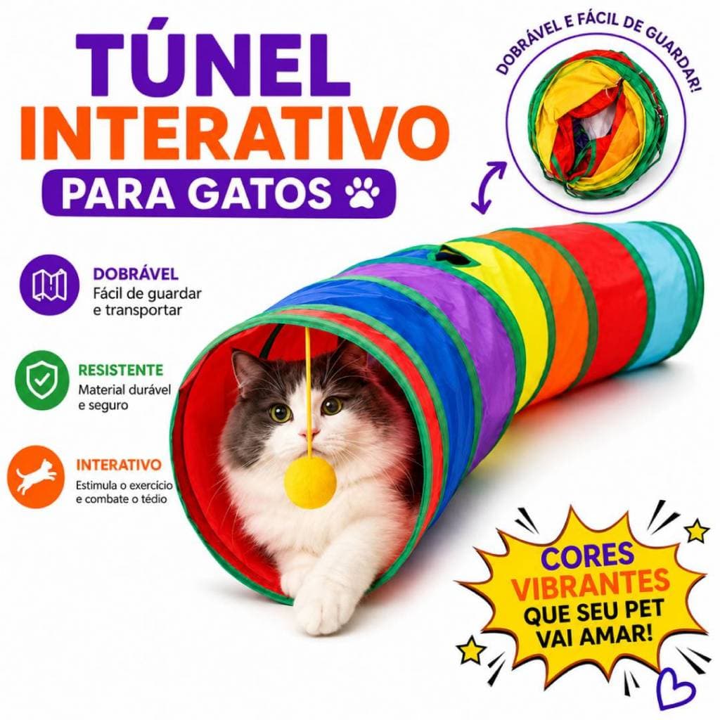 Túnel Colorido Gato Interativo Cachorro Labirinto Dobrável Pet Playground Toca Brinquedos Gatos