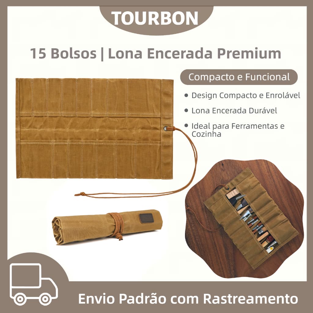 TOURBON Lona Encerada Roll Up Tool Bag 15 Bolsos Organizador Para Chave Faca Cinzel Mecânico Chef Carpinteiro Armazename